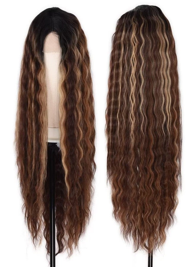 FEEL ME 28" Deep Wave Frontal Wig Long Synthetic Curly Wig Ombre Highlight Lace Front Wig for Women with Simulated Scalp Honey Blonde Loose Deep Curly Lace Wigs Middle Part for Daily Use R6/6A/27S - Image 2